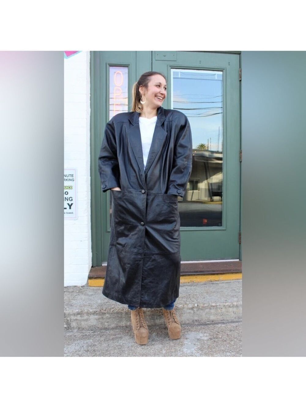 Express Black Leather Trench Coat Jacket 80s Long 90s granny cottagecore
